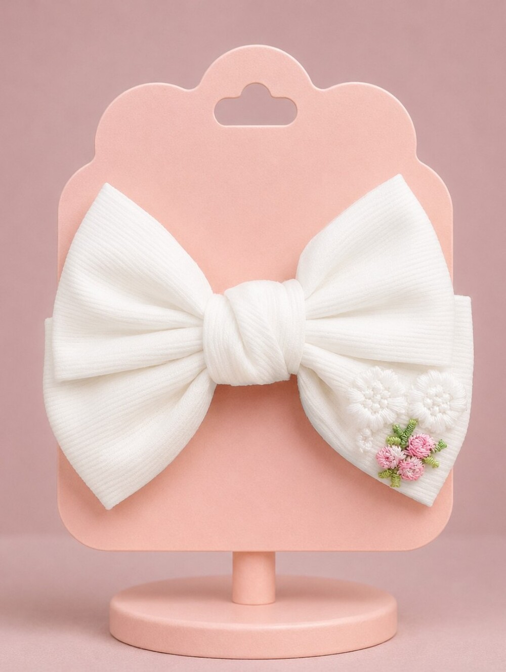 Handmade White Floral Embroidered Hair Bow Clip for Women